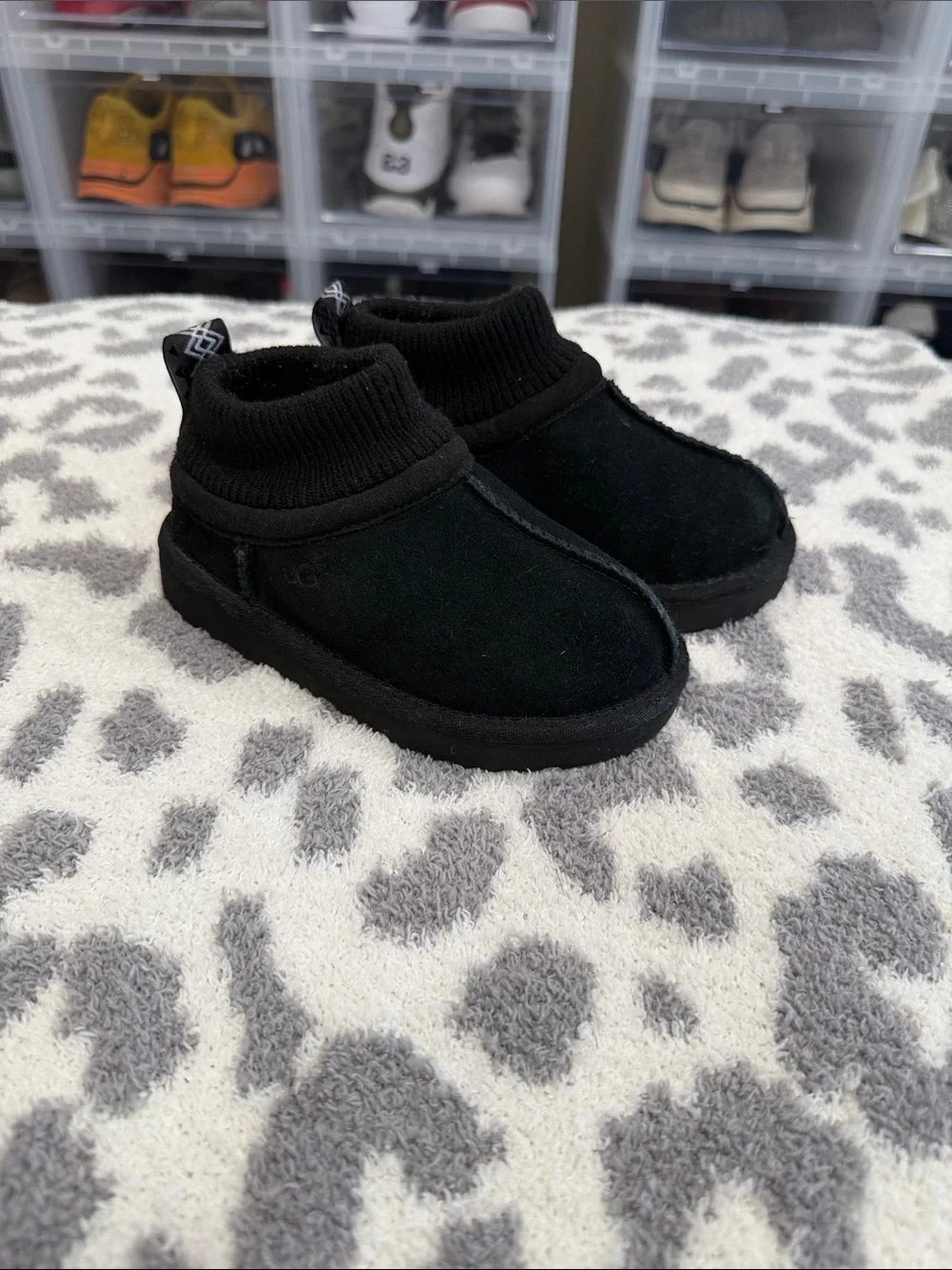 UGG Kids Black Suede Sock-Top Slip-On